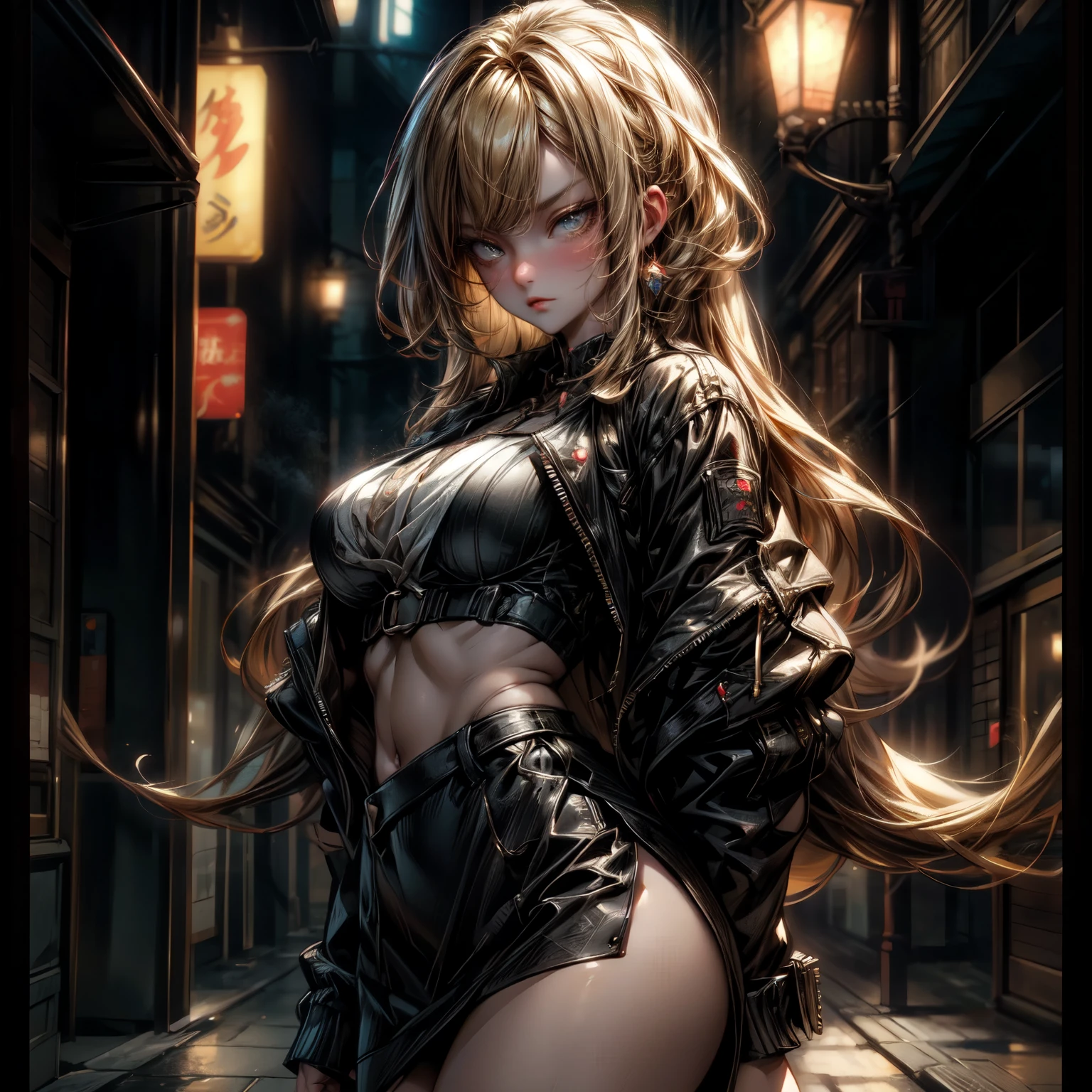 (High Detail:1.2) Anime Girl, (Best quality, Detailed), (dark and happy, gravelly:1.3, dark:1.2), 1girl, (solo), elf, long braids hair, light gold hair, ((blindfold)), long pointed ears, fair skin, big breasts, white crop top, deep neckline, white skirt, sinister, intense look, japanese town, background dark, Volumetric light, hyper realistic, super detailed, Dynamic pose, sitting, (very sexy body, detailed face, detailed eyes, masterpiece, highly detailed, 8k, best quality, vibrant colors, digital art, concept art)