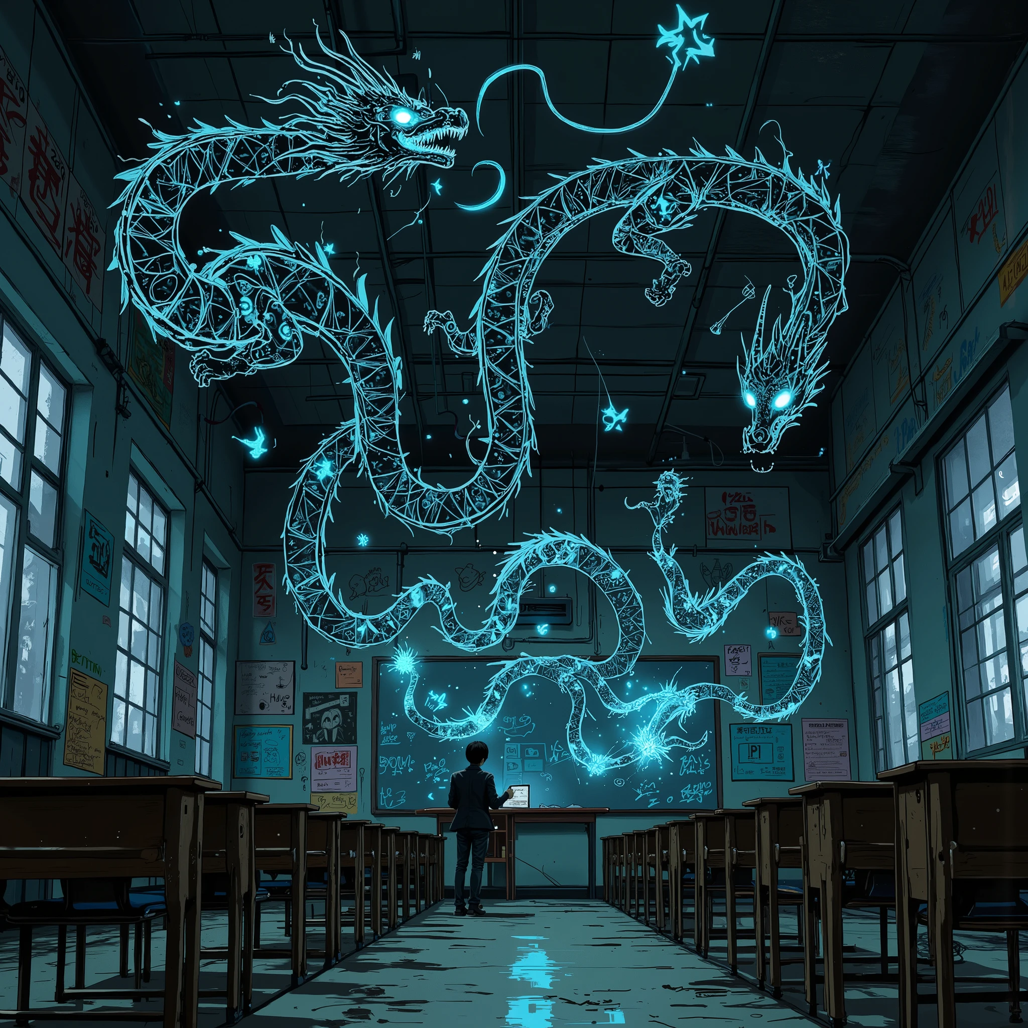 In the middle of the night, ((Blackboard with graffiti)),.White comical dragon graffiti... Three-dimensional floating graffiti. . ((Unoccupied classroom)). Psychic phenomena.scribbles on a blackboard magically come to life, glowing thin and floating. An empty classroom at night. Animal graffiti. . Three-dimensional depiction of dragon ghosts.Comics. Cartoons. Dynamic compositions, active angles. Animal doodles..anime art,nistyle,. School classroom.. Late at night