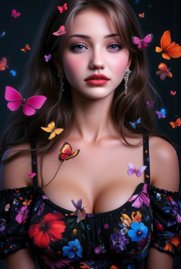 A Make a picture of a black heart surrounded by blue butterflies girl with curly hair and big breasts sits with her legs stretched out, taking a realistic photo