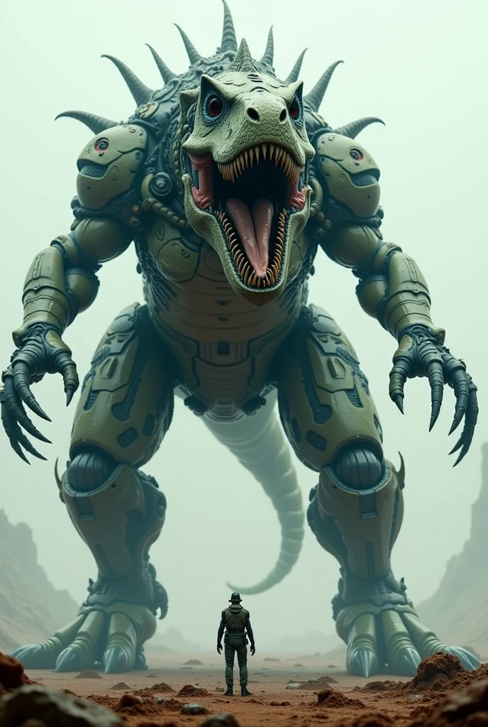 standing far away from the camera、The giant T-Rex Transformer has been upgraded、Standing surrealistically.
