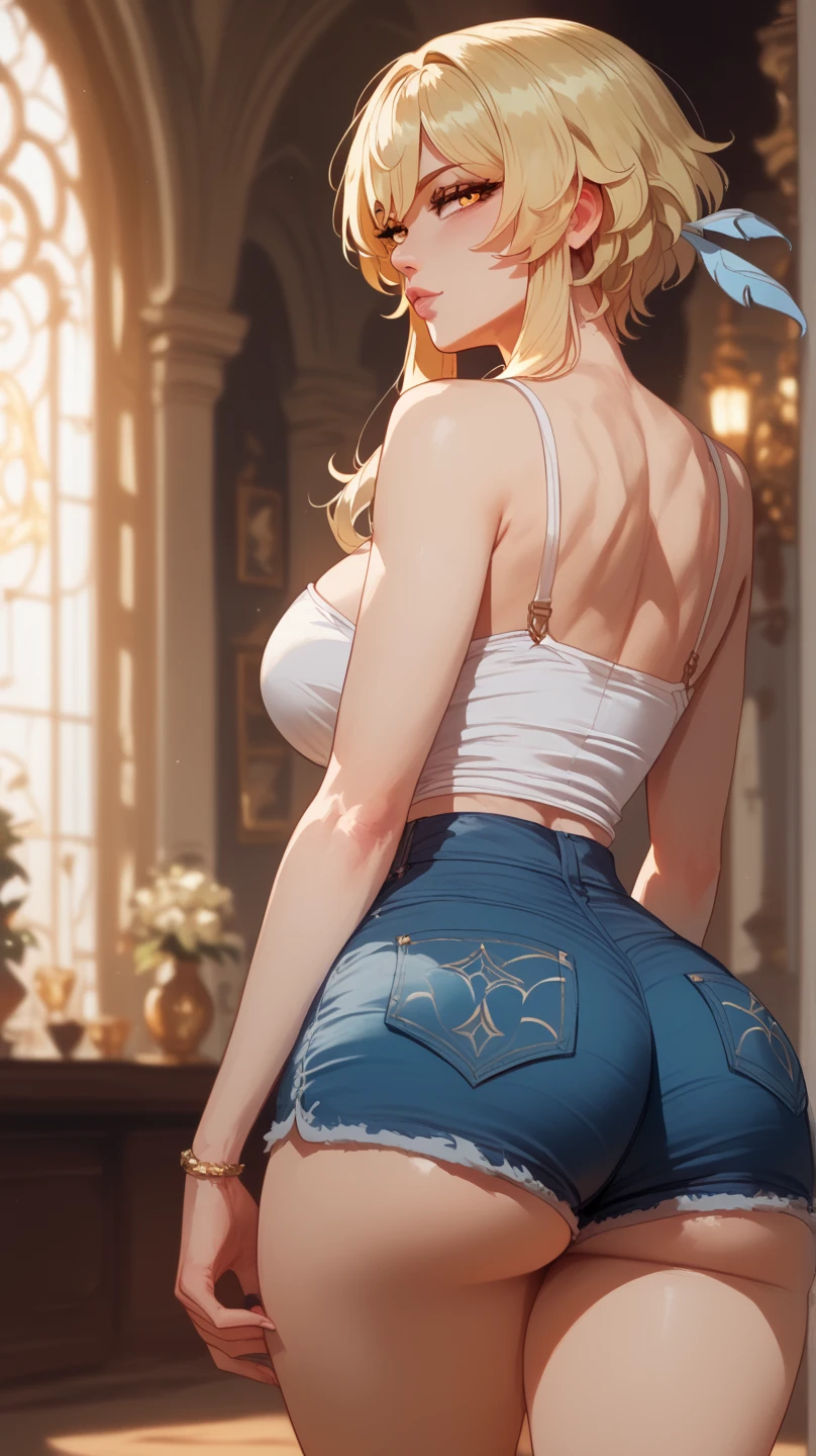Very detailed、highest quality、Best image quality、masterpiece、8k、Sparkling Blue Eyes、Anime Face、A kind smile、Open Mouth、(Blonde waist-length hair:1.2)、(SFW Giant)、(Rear View:1.5)、Cowboy Shot、(Thong:1.5)、(leaning forward:1.5)、(topless:1.5)、ckundies