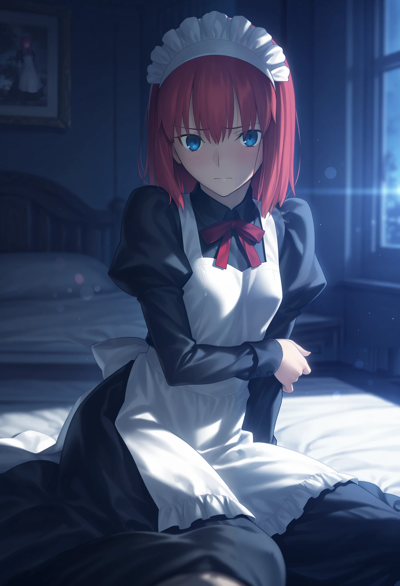 masterpiece, , absurdres, highres, detailed background, high resolution, masterpiece, necessary, detail, best quality, quality, necessary, details, High details, Precise, dark, indoors, lens flare, blurry background, midnight , pov, blue hour,
1girl, , Takeuchi Takashi (type-moon,fate) style, takeuchi takashi style,
tall girl, mature, toono akiha(tsukihime), red hair, bangs, medium hair, blue eyes, half eyes closed, maid headdress, (tsurime), yokozuwari, sitting ,arm under breasts,
(black dress long shirt, white apron) , embarrassed, small breast, flat chest, looking at viewer,