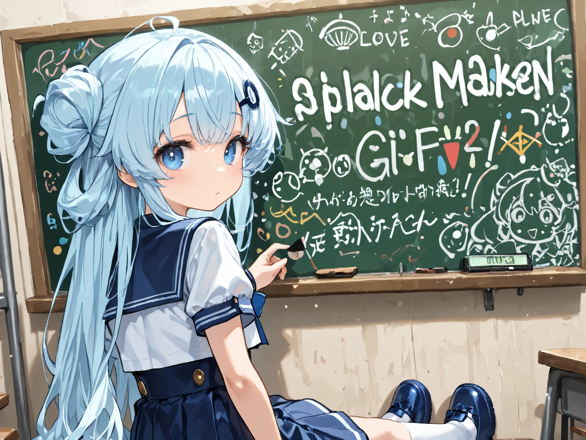(masterpiece,best quality:1.2), Chalkboard Graffiti 、has the onigiri mark written on it、のback view、Alone,cute girl\(okmc,pulse oximeter,Japanese rice ball shaped motif hairpin,light blue hair, medium long hair, fluffy hair, big eyes ,blue eyes, no nose , small mouth,Blue shoes\), close \(navy blue sailor suit\), back view、is ding、Fun illustrations、Ultra-Details,
