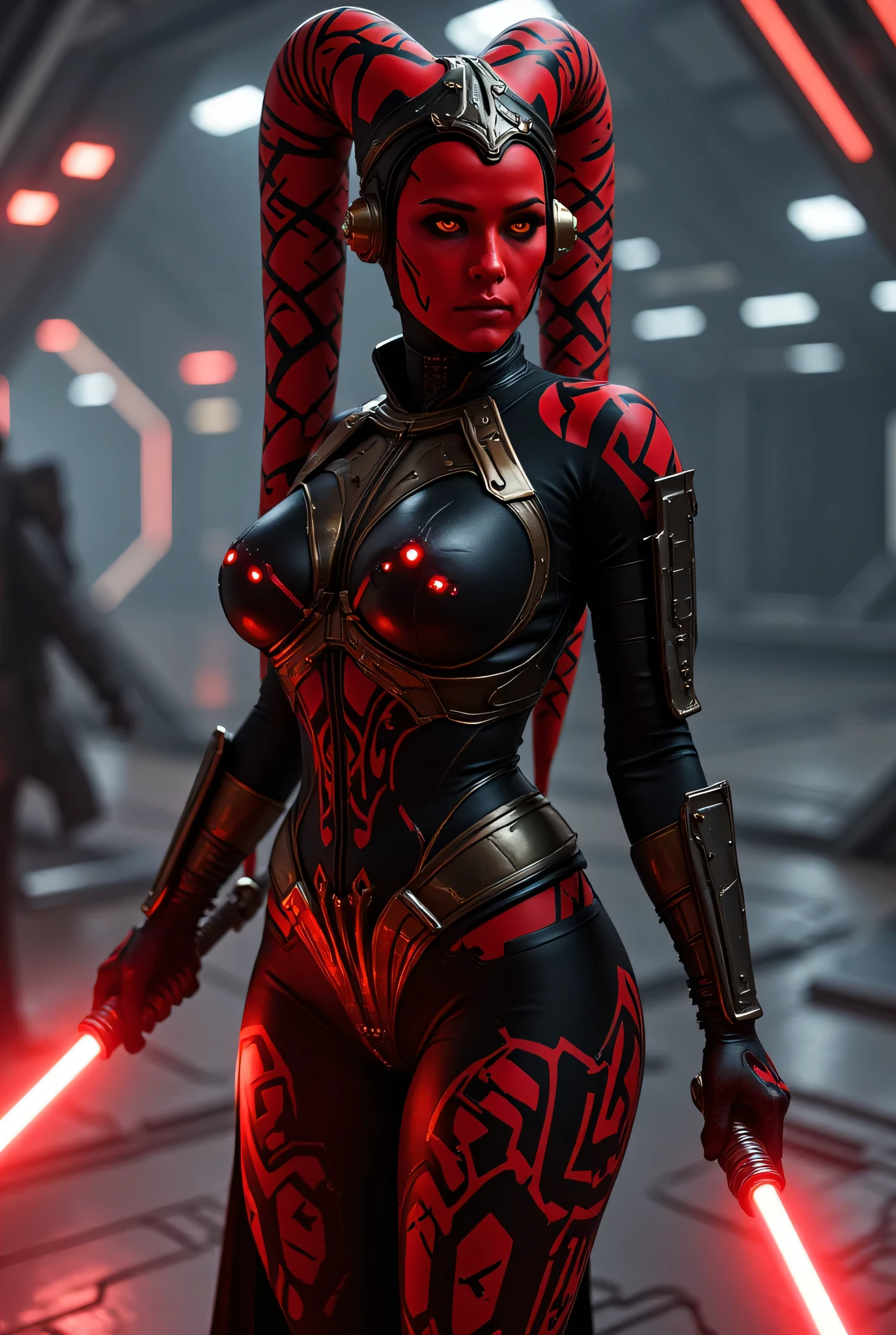 1girl, seductive shapes, seductive body and curves, Twi'leck girl from the Star Wars universe, her skin is red, instead of hair, paired branches on the head, shaped like tentacles and called “lekku”, they are red, pretty face, determined look , scarlet neon glowing eyes, arrogant look, Девушка офицер in massive black and matt high-tech armor and exoskeleton(with rare red diodes), preparing for battle, Conceptual Style (concept art), semi-profile, cinematic lighting, 8k, hyper-realistic, intricate detailing, sharp focus, neutral background, fully measured full-length photo, Beautiful medium-sized breasts, cool hips, beautiful waist, gold earrings in the form of round rings, in his hands and stands in a fighting and seductive position, holds a red lightsaber in his hands, on the spaceship, black tattoos all over the body, cool hips, the refined waist ,