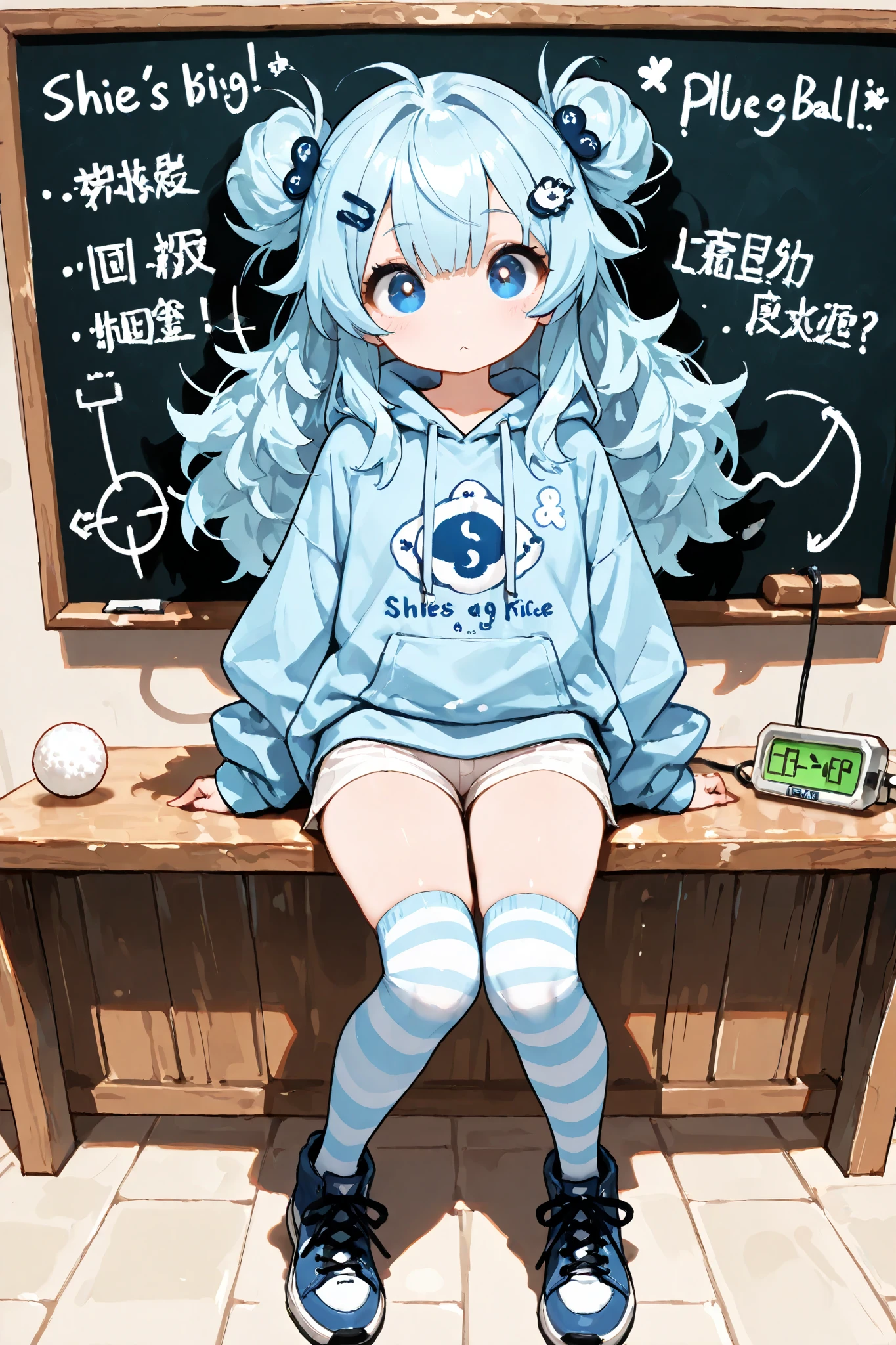 (masterpiece,best quality:1.2),Alone,cute girl\(okmc,pulse oximeter,Japanese rice ball shaped motif hairpin,light blue hair, medium long hair, fluffy hair, big eyes ,blue eyes, no nose , small mouth,Blue shoes\), close \(light blue hoodie, white short pants ,Blue and White Striped Knee High Socks\), She's writing a big rice ball on the blackboard、is ding、Fun illustrations、Ultra-Details