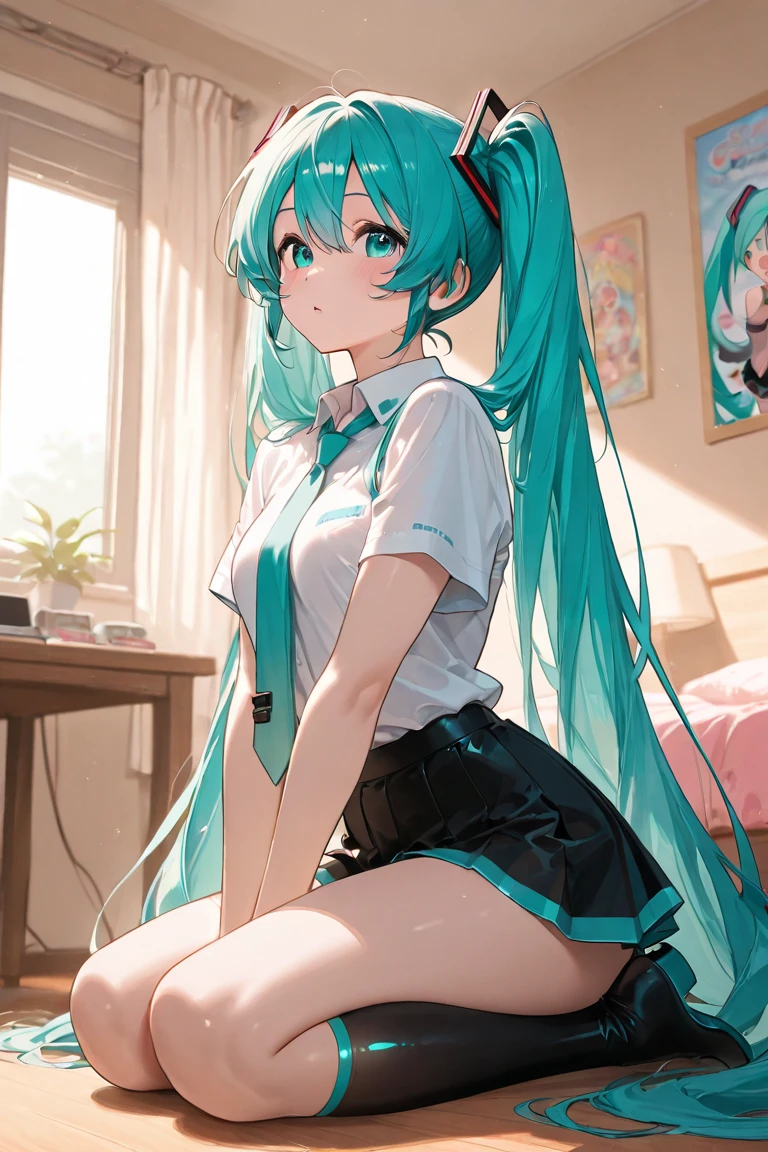 (masterpiece),(best quality),(ultra-detailed), (full body:1.2),1girl, cute, anxious, (grabbing hair), hatsune miku, grey wet shirt, black skirt, loose cyan necktie, kneeling, barefoot, seductive posture, (beautiful detailed face), (beautiful detailed eyes), (empty dark room), (spotlight), reflective floor, from below