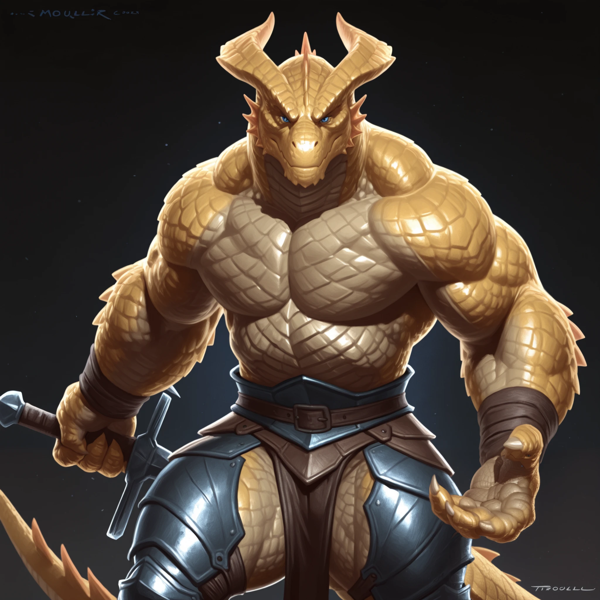 Anthro male dragonborn, DnD, blue eyes, yellow scales, muscular man, bara, wide shoulders, solo, 1man, muscular thighs, muscly arms, wide chest, wide torso, Bare chest, armored pants, looking at viewer, sword in hand, ready stance