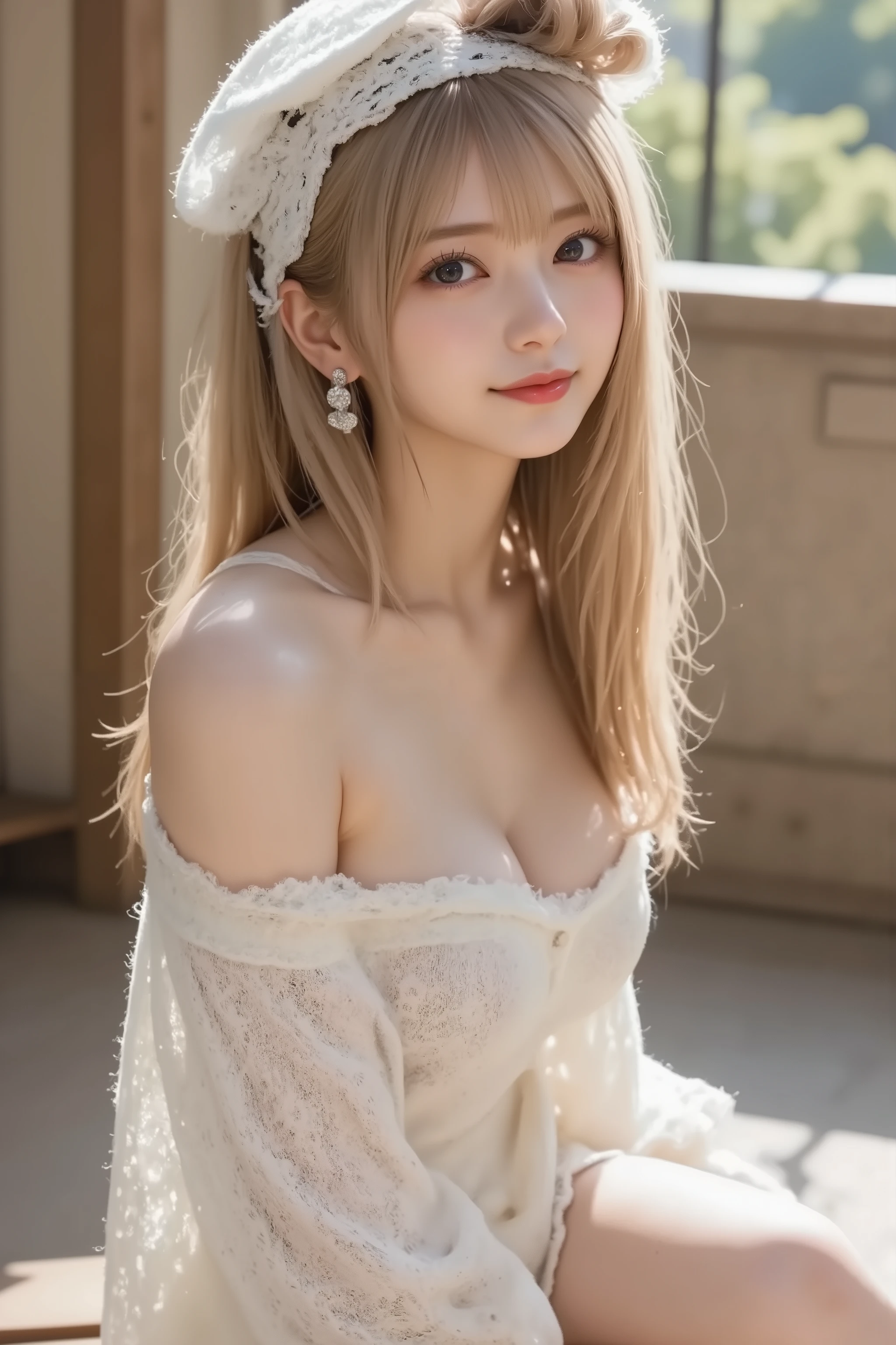 ((SFW: 1.4)), (( Detailed face, Cute face, Detailed face,  Professional photography)), ((((Are standing)) , (Hands on knees) ,  ( smiling : 1.2),  Earrings)), (( Shiny platinum blonde silk hair, beautiful shiny bangs, Big clear sky blue eyes, Very beautiful bright eye highlights, 1 Girl)), Ultra-high resolution, (Realistic: 1.4), RAW Photos, Highest quality, (PhotoRealistic Stick), concentrated, Soft Light, (()), (( (Young Face))), (surface), (Depth of written boundary), masterpiece, (Realistic), woman, bangs, ((1 Girl)),Sheer bunny suit