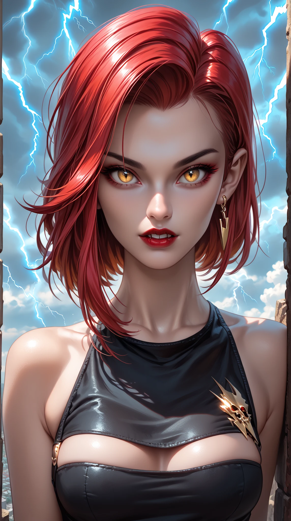 Volcana_DCAU, red eyes, very long red hair, crop top, cleavage, looking at viewer, smiling, close up portrait, outside, volcano, fire, lava, ember, smoke,high quality, masterpiece, <lora:Volcana_DCAU:.6>