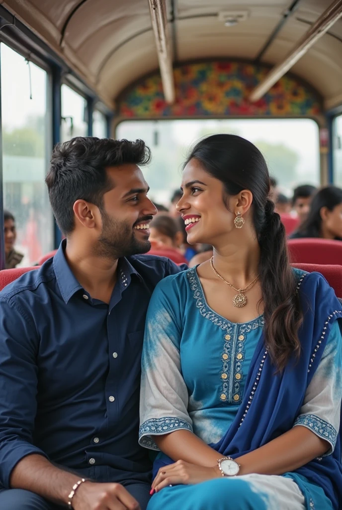 an indian man grabbing the breasts of a indian woman from behind on a crowded bus, the woman is shocked and surised, the man has an evil smile on his face,