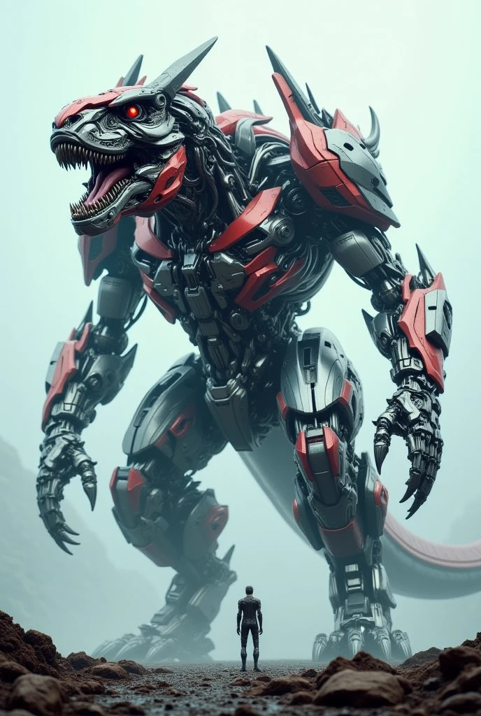 standing far away from the camera、The giant T-Rex Transformer has been upgraded、Standing surrealistically.