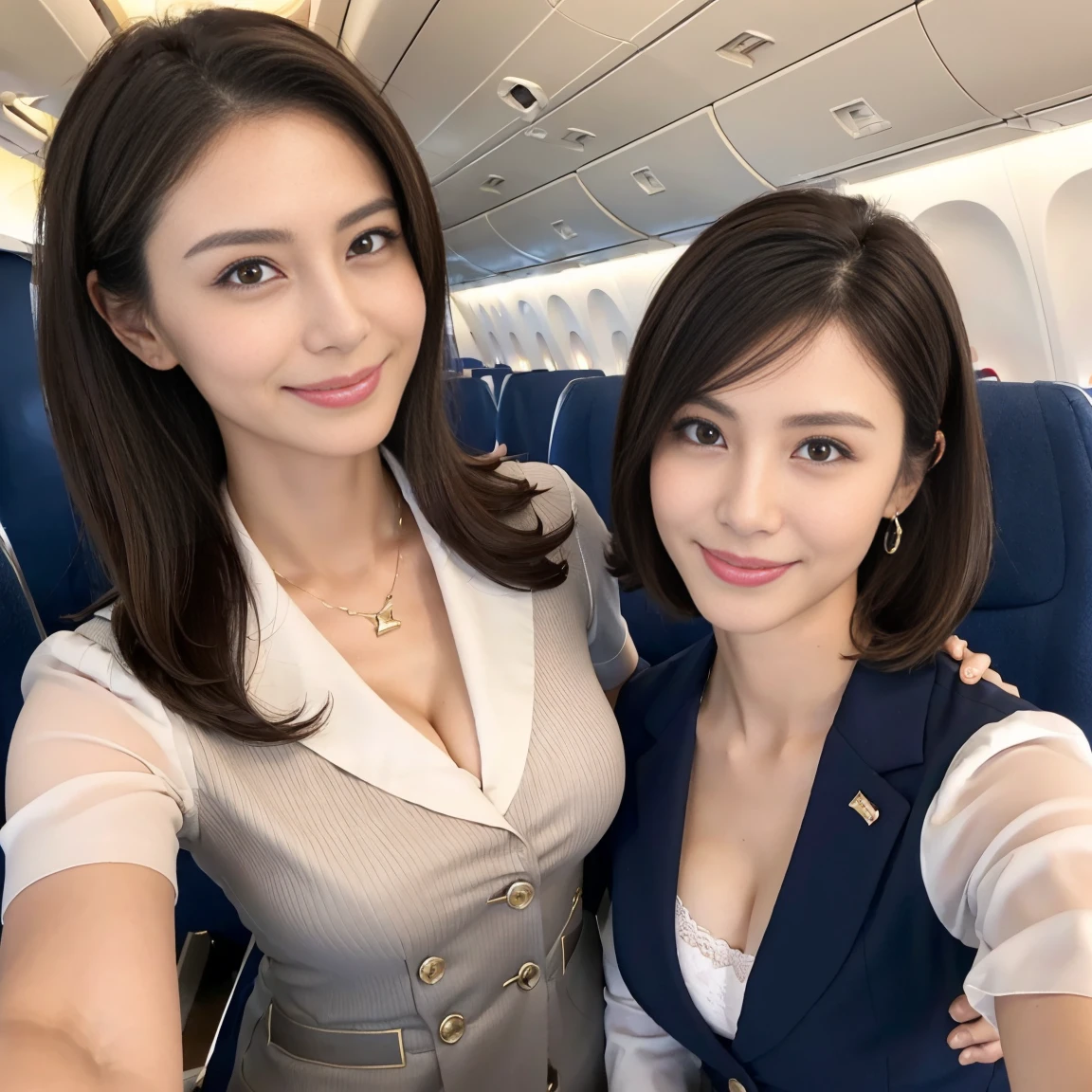 top-quality, masterpiece, 8K, 超A high resolution, (Photorealsitic:1.4), 1girl in、美丽的面容、symmetrical eye、Colossal tits、Perfect body proportion、cleavage of the breast、See stewardess listener、A smile、(Inside the plane:1.2)、front-facing view、Shoulder、Absolute area(1.3)、