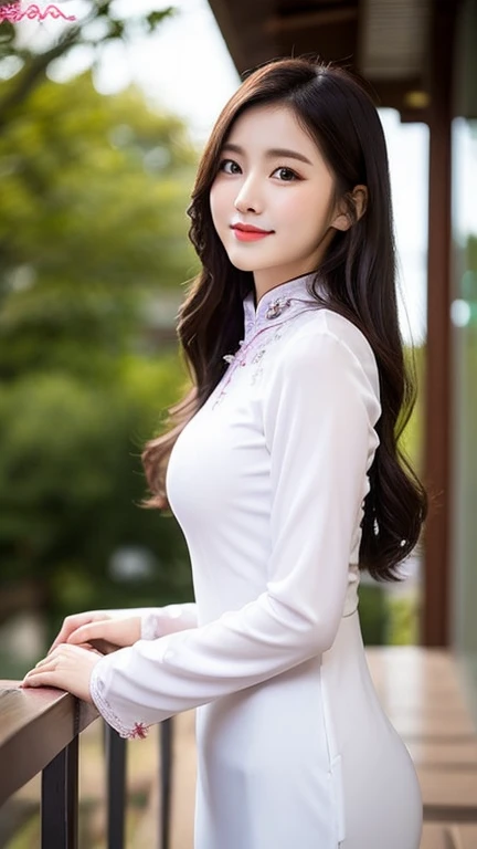 a close up of a woman in a white dress posing for a picture, a picture by Leng Mei, trending on cg society, beautiful south korean woman, ao dai, beautiful asian girl, a beautiful woman in white, korean woman, korean girl, in white clothes, beautiful young korean woman, beautiful asian woman, smooth white tight clothes suit, realism, high detail, masterpiece, accurate, textured skin, super detail, high details, award winning, best quality, 4K, ((pink flower blossom background))