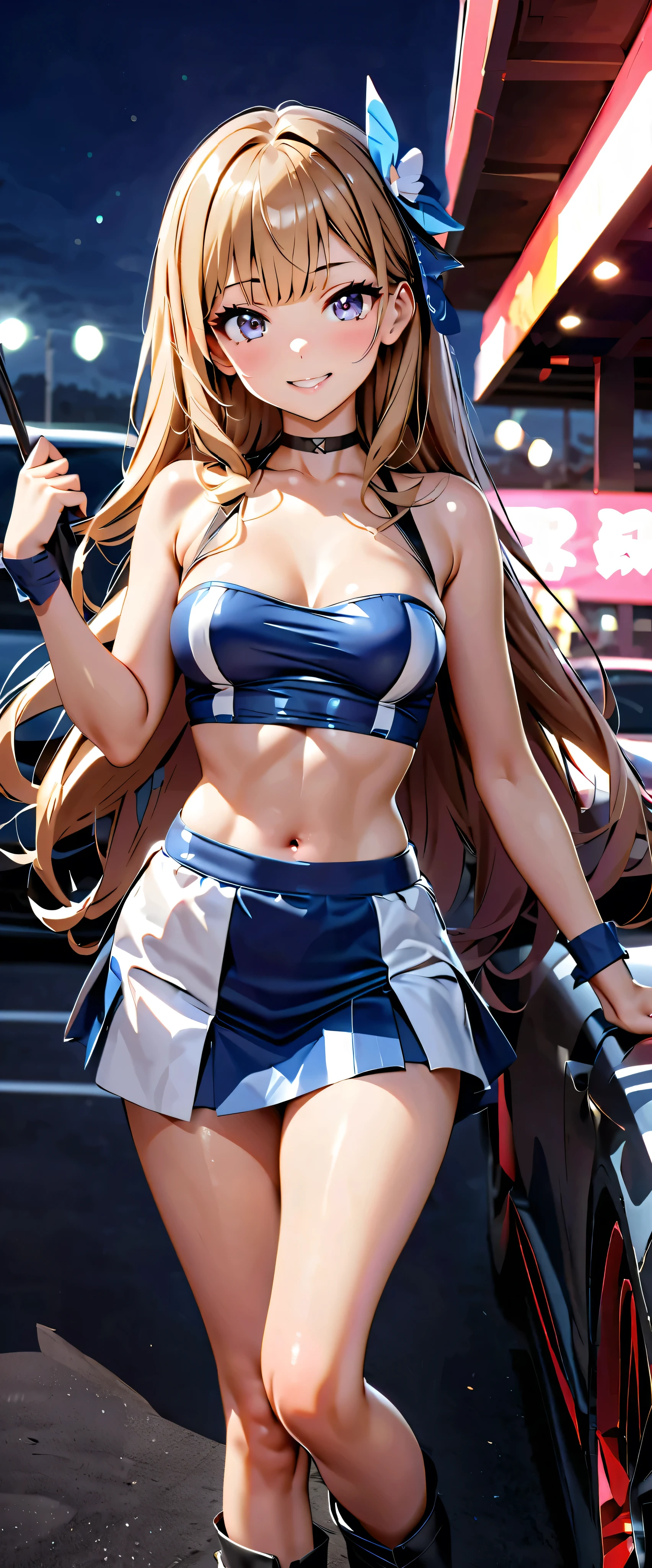 (8K, top quality, masterpiece: 1.2), cute, solo, national stadium, night, ((girl is wet))), big breasts that seem to overflow from bra, fine beautiful eyes), blonde, pale blue eyes, belly button, cleavage, Japan person, full body, adult, 28 years old, smile, ruffles, garter belt, knee-high socks, cheerleader, raising one leg, frontal, cheerleading, The skirt is flipped up in the strong wind, I am cheering