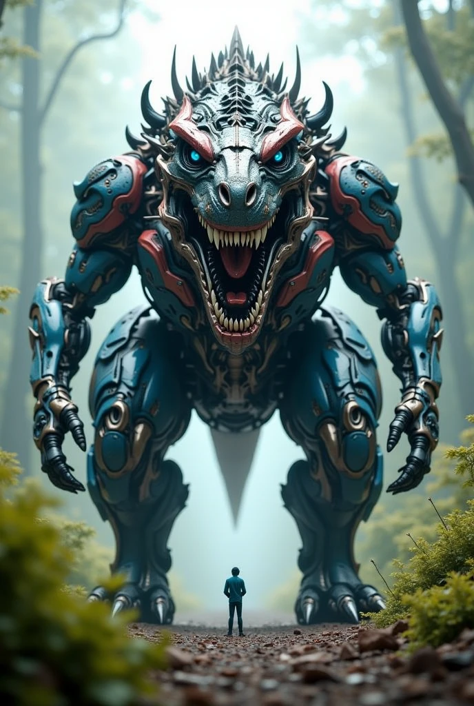 standing far away from the camera、giant T-rex transformer standing surrealistically,Small arms 、 hypo,8k,Ultra-detailed depiction,Photographic Reality,physically-based rendering,Professional,Vivid Colors, bokeh effects ,Ambient atmosphere,Mysterious lighting,Fantasy World,digital 3d rendering,Masterpiece with natural light