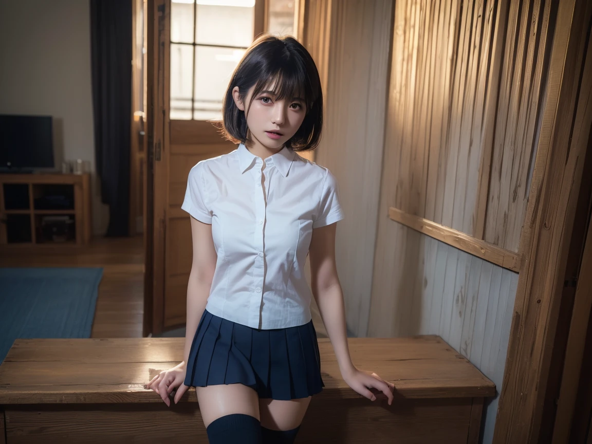 (8K, RAW Photo, Best Quality, Masterpiece: 1.2),Short Hair,Solo,Glasses,Chinese Woman,Standing,Tight Eyes,Thin,Gritty,Angry,Small,Flat Breasts (Realistic, Photorealistic:1.37), Best Quality, Ultra High Resolution, Photon Mapping, Radiosity, Physically Based Rendering, Blur, Foreground, Depth of Field, Blurred Background, Photo_\( Medium), motion blur, girl, (full) body), long legs, slender legs, medium hair, bangs, (bangs visible), hair_ornament, lips, blue_eyes, nosesoft, china, white shirt, navy blue and white plaid pleated skirt, sheer clothing, black loafers, thigh, black cotton socks,