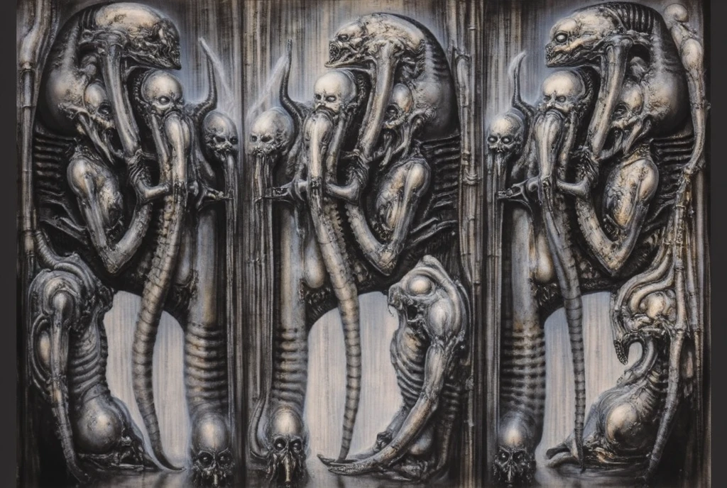 s from this artwork, in the style of otherworldly grotesquery, sci-fi baroque, photorealistic painting, darkly comedic, precisionist, devilcore, skeletal, monster core, Horror HR Giger
