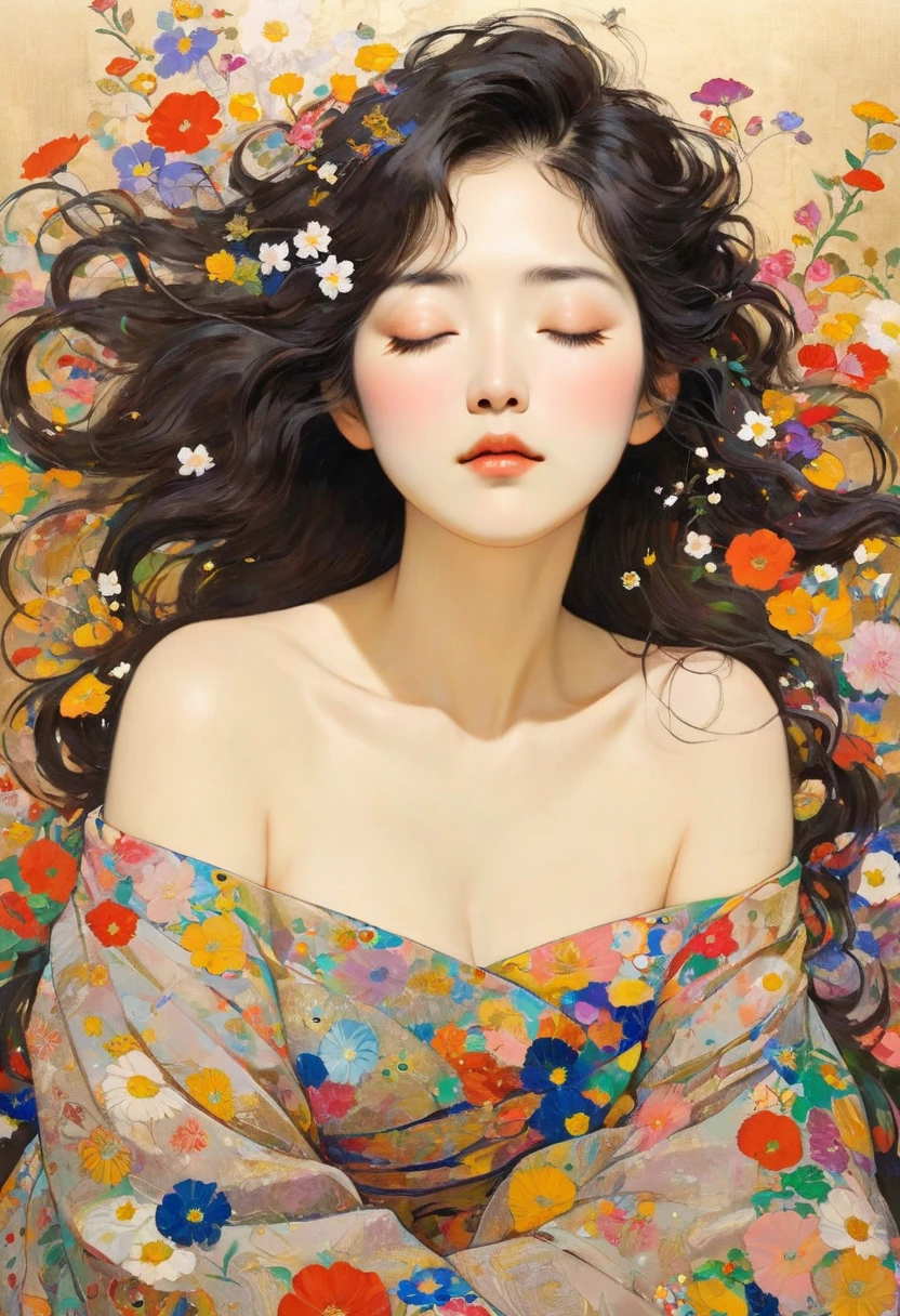 Masterpiece Paintings, Japanese middle-aged woman with Klimt pattern, flat art, Picture books, simple crayon drawing,  abstract,   lots of flowers  , Japanese woman, Masterpiece Japanese Painting, looking at flat illustration,   lots of flowers  , looking at flat illustrationの日本人中年女性, 44 years old, off shoulder,  [Sleepy eyes, disheveled hair, Flowers dancing in the wind,  Bold Composition , beauty in return,