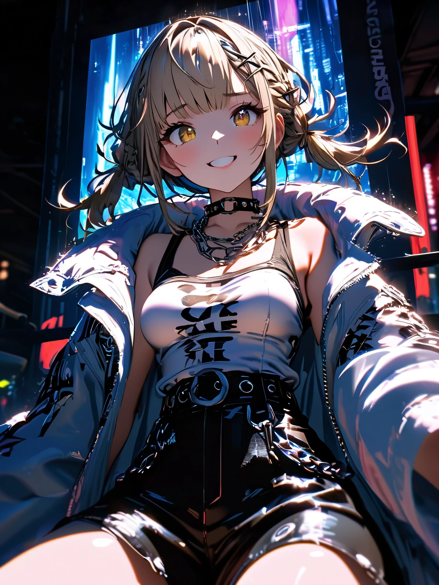 Anime girl with long hair and blue eyes sitting in a chair - SeaArt AI
