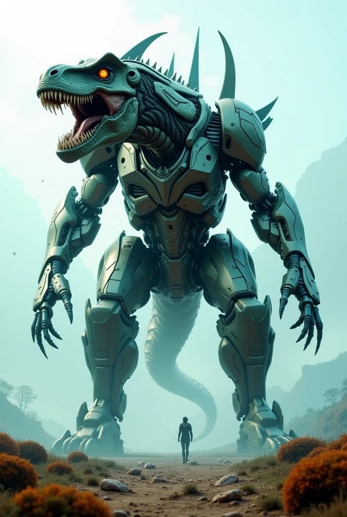 standing far away from the camera、The giant T-Rex Transformer has been upgraded、Standing surrealistically.