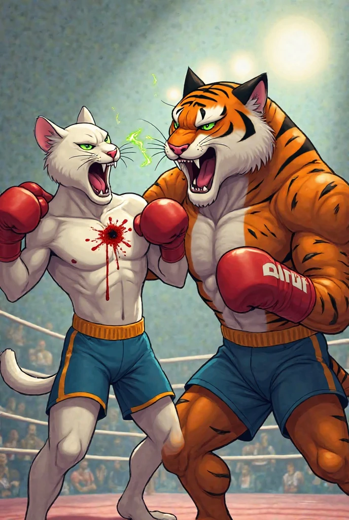 Duo male(Brown Cougar vs Gray Cougar, handsomes, handsome hairstyle, tails, Thick eyebrows, detailed face), gay(Clinch embraced, cuddling shoulders, on a boxing match), hot(Shirtless), handsomes(They are handsomes, correct anatomy), musculosos(Big muscle bodies, Six packs, muscle abs, big pecs, muscle backs, muscle legs), sweaty(very sweaty wet bodies, shiny sweat), tatuajes(they have tattoos), grumpy(Both have an grumpy expression, grumpy teeths, steaming breath), boxing gloves(They both are wearing boxing gloves), UFC boxers(they both are wearing ufc boxers), Hight resolution, by(Zourik:1.1)