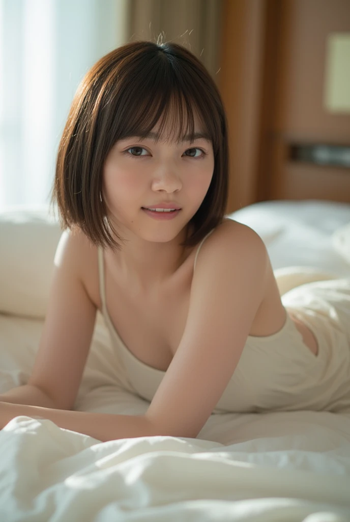 8K highest image quality)、(beautiful)、Yui Aragaki、Accurate Eyes、Fine skin、22-year-old female、Brown eyes、Brown Hair、looking at the camera、Completely naked、Semi-short hair、smile、bangs、Full view of 、Sit on the bed、Showing nipples、The genitals are visible、Thin pubic hair、Shoot from above、Selfie