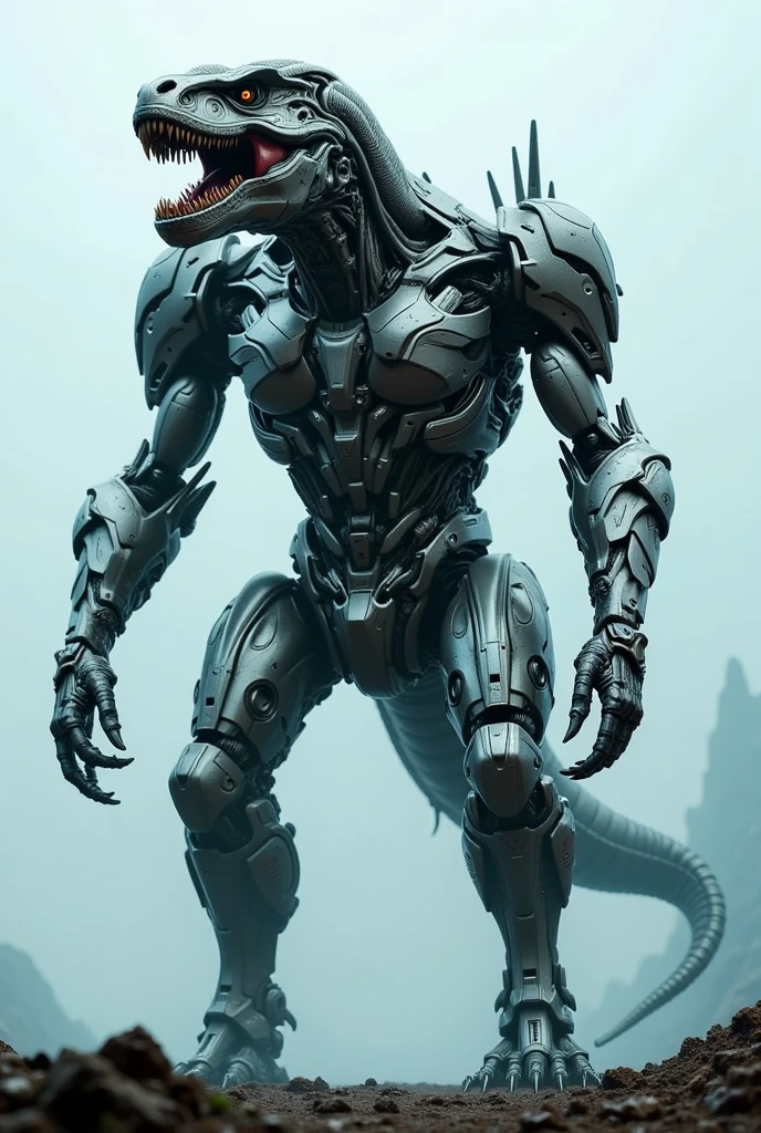 standing far away from the camera、The giant T-Rex Transformer has been upgraded、Standing surrealistically.