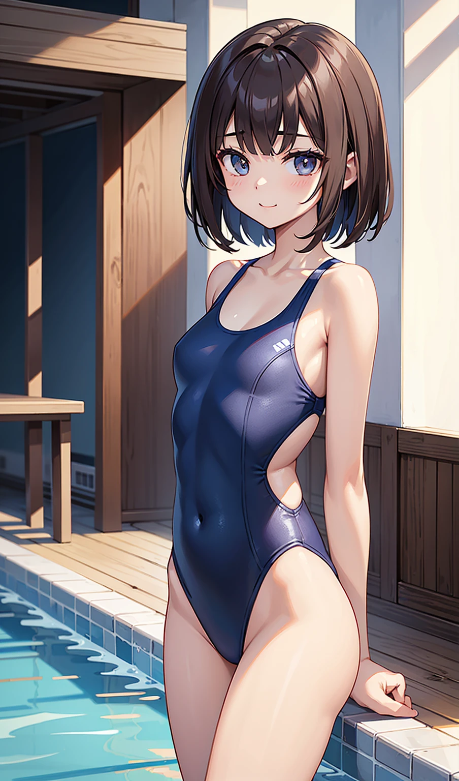 masterpiece, best quality,anime style, 1 girl,(((slender body))), (((small breast))),(((competition swimsuit))), ((((restrained, arms behind back)))),((((cum)))), (beautiful face), (((short hair))), (((straight hair))), ((((brown hair)))),detailed beautiful skin, (perfect hands, perfect anatomy)