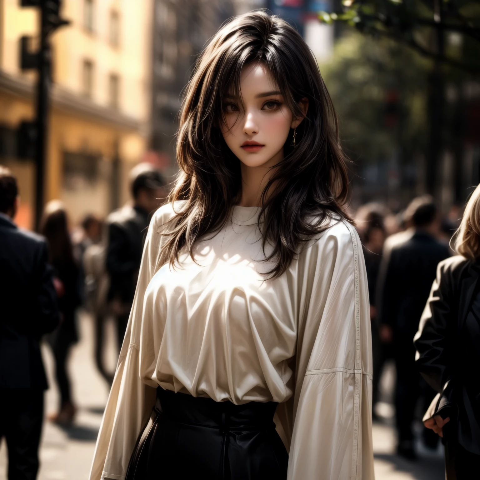 ((best quality)), ((Masterpiece)), ((Enrich the picture,Masterpiece level quality)), black hair, long hair, very big breasts, golden eyes, fierce woman, street fasion, mini white shirt, mini black skirt, sexy jacket, best quality, RAW 4K, Realistically, ( cinematic lighting, moody, textile shading), perfect proportions, ultra detailed, volumetric lighting, soft lighting, glossy skin,