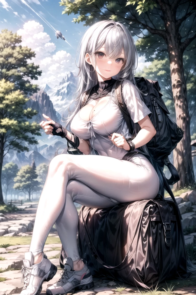 ((4K, master piece, Best Quality)), sitting, white hair, nude, front view, breast, rock, solo, forest, (((night))), night sky, light,