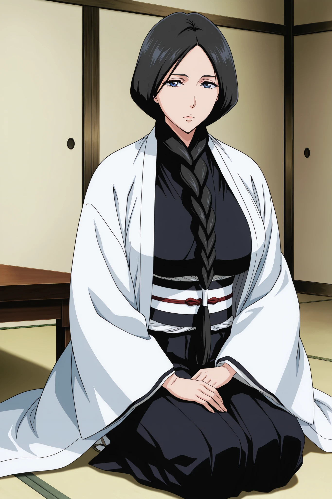 masterpiece,best quality, amazing quality, very aesthetic,anime screencap ,1girl, solo, run0hana, black hair, single braid, dark blue eyes, large breasts, white haori, wide sleeves, black kimono, obi, black hakama, sandals, looking at viewer, mature female, seiza, serious, table, east asian architecture, indoors, large breasts, looking at viewer