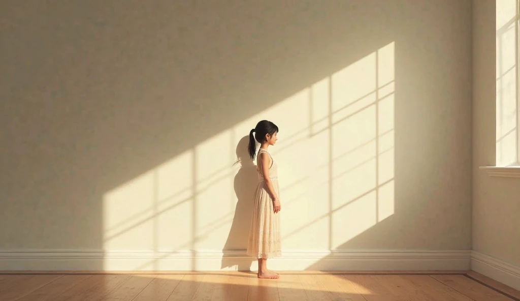 ((best quality)), ((ultra res)), ((realistic)), (intricate details), , perfect face, child standincing alone in the middle of the room, jumping, looking out the window, innocent pose, smiling, Italian face, long curly brown hair, bangs, brown eyes, long blue dress of light fabric, room of old simple suburban architecture, country environment, bucolic, books scattered in the room, wide mysterious window, flaming curtain, blue luminosity, childish aesthetic, nostalgic, distant point of view, cinematic lights, wide background