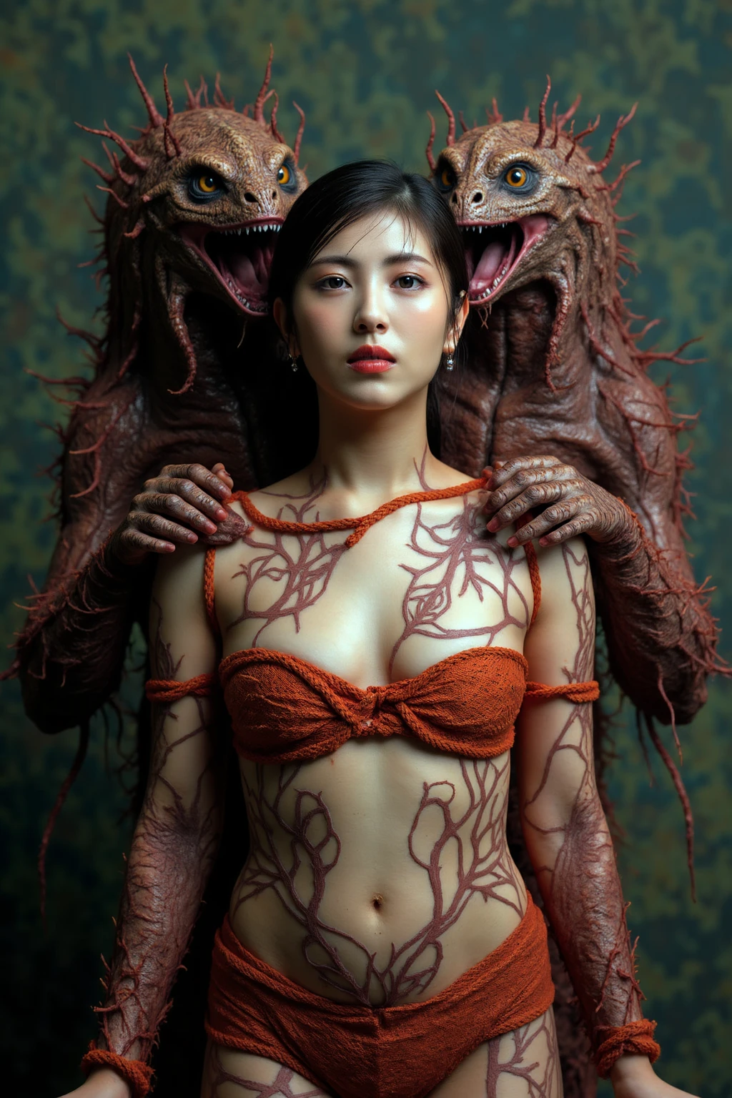 A portrait of nude woman is strangled with a lot of tentacle monsters in the old town of Kyoto.