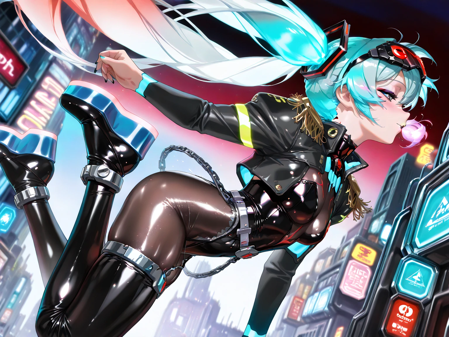 sci-fi city beautiful Asian cyberpunk woman with wide eyes and cleopatra style eyeliner and long lashes with an evil grin, wearing cyberpunk bikini armor and helmet with cat ears and a cat faced mask, nervous smile, streaked hair, streaked hair, multicolored hair, mouth mask, gas mask, headphones, behind-the-head headphones, wide eyes, cat ear headphones, streaked hair, demon horns, furrowed brow, evil smile, quad drills, goggles, goggles on headwear, bunny hair ornament, cat hair ornament, wide eyes, masterpiece, anatomically correct, super detail, best quality, highres, HD, masterpiece, anatomically correct, super detail, best quality, masterpiece, super detail, best quality, high details, anatomically correct, masterpiece, ccurate, anatomically correct, super detail, best quality, award winning, highres, HD