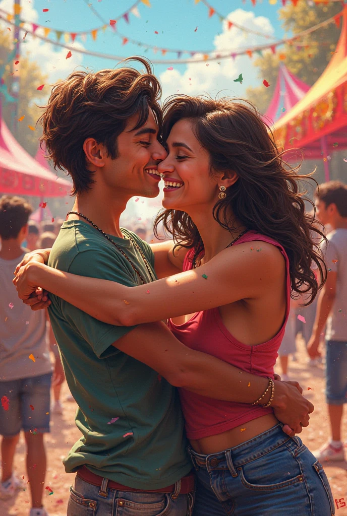 Create a colorful and vibrant image of a couple embracing. The couple is dressed in 80s-style clothing, and they are surrounded by flowers, balloons, and other festive decorations. The background of the image is a bright blue sky with fluffy white clouds.In the center of the image, there is a banner with the text "Se amar é brega, então vamos ser bregas juntos!"The image should be at least 851 pixels wide and 315 pixels high. 