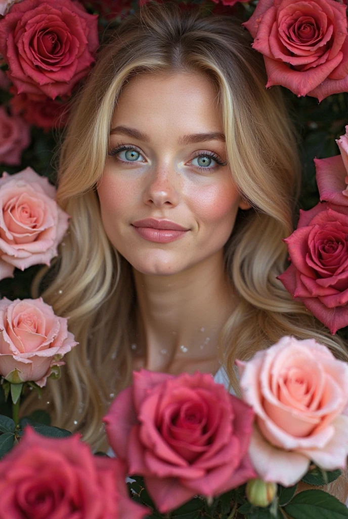 Masterpiece, ultra realistic. Front facing picture. ((The First low third of the picture is full of blurry red roses:1.3)). Behind the roses is an ultra hot gorgeous European woman, age 23, wavy blonde hair, she's a playmate, men magazine model. (She is leaning forward. smelling roses with a smile:1.2). sheer lace, she’s smelling the roses with a subtle smile. Background a snowy village in a winter night with northern lights.