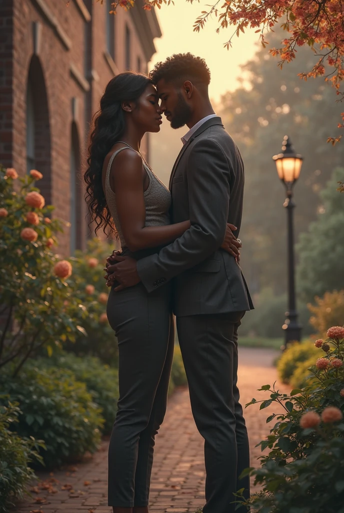 Depict an outdoor setting that encapsulates the beauty of black love. Imagine a serene backdrop, perhaps a sunlit park or a tranquil beach at sunset. Integrate elements like a shared blanket, a basket filled with cultural delicacies, or a hand-carved keepsake. Let the natural surroundings amplify the connection between the man and the woman, as they share a moment of laughter, a dance, or a quiet reflection. Let the scene be a harmonious blend of nature and the enduring spirit of ebony love