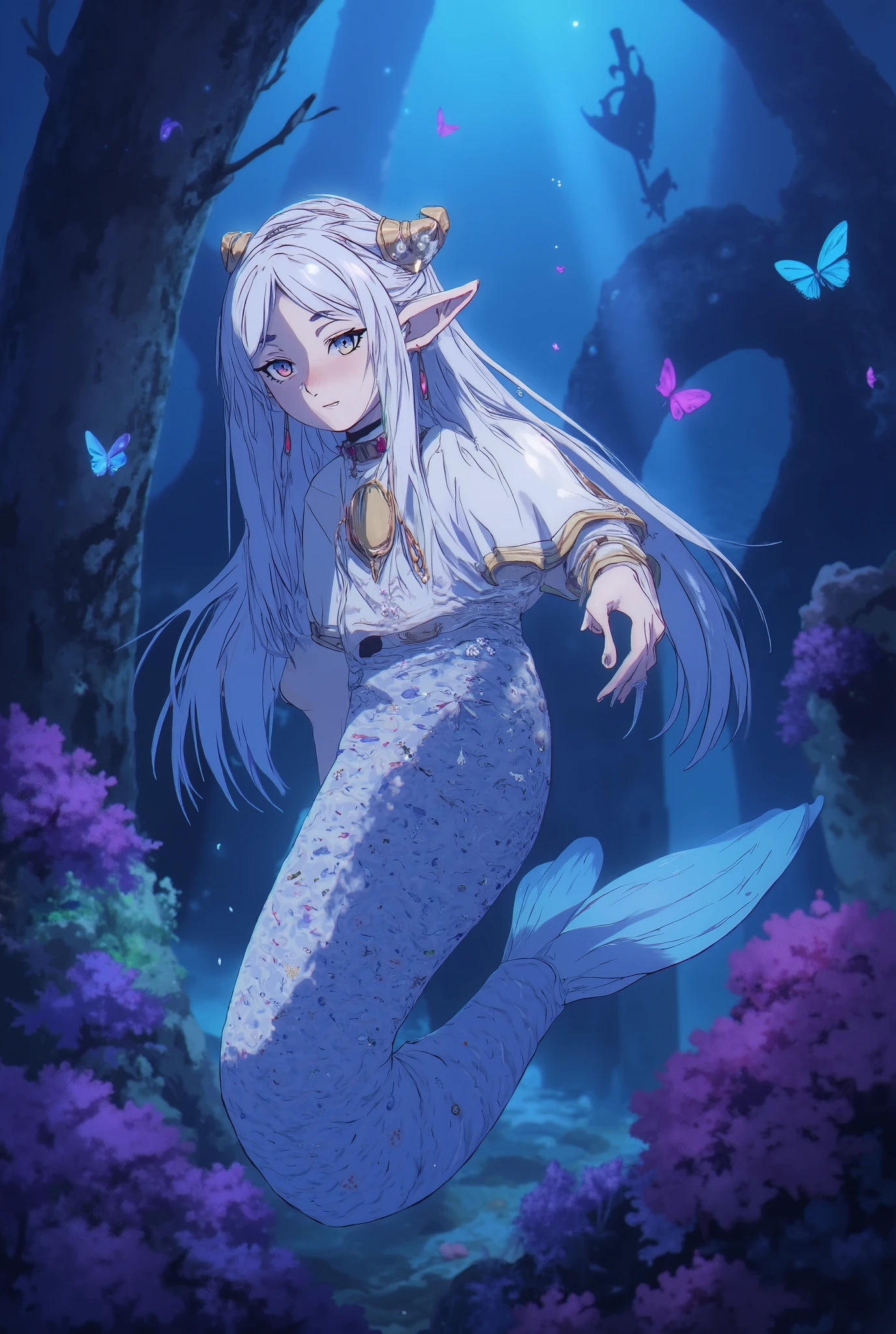 [masterpiece, best quality, absurdres, highres], (amazing quality, very aesthetic, digital art style, drawn aesthetic, concept painting, ultrahigh definition), (highly detailed, intricate details), (dynamic angle, dynamic pose, blurry background, depth of field),

[1girl], (FRIEREN, long hair, silver hair with a light blue tint, straight hair with slightly wavy ends, braided crown, soft flowing strands), (purple eyes, white skin, soft blush, melancholic expression, gentle smile, facing viewer), (mermaid, dark atmosphere, glow lighting, nighttime), (pearl earrings, delicate seashell necklace, ocean-themed ornaments in hair, slightly wet hair strands, droplets on skin), (icy blue fish mermaid tail, bangs, pearls, lace, small golden crown, ethereal glow, rim lighting, soft shadows, floating hair, serene),

[underwater setting], (white scales, icy blue mermaid tail, bubbles, fish in background, white fish mermaid, dark lighting, deep water, deep ocean), (purple glowing jellyfish, glowing coral, luminescent seaweed, shimmering plankton, soft light reflections on skin, eerie glowing eyes of deep-sea creatures in the background), (schools of tiny glowing fish, mystical underwater ruins, ancient carvings on stones, soft misty glow, gentle water ripples), (floating butterfly-like spirits, surreal atmosphere, soft ocean waves, drifting petals, gentle movements),

[little light, gentle ocean currents], (floating hair strands, tail softly swaying, drifting flower petals, glowing jellyfish tentacles brushing past, soft rays of moonlight filtering through, floating particles), (mysterious silhouettes in the distance, butterfly underwater, glowing blue, midnight, bioluminescence, ((dark water))).