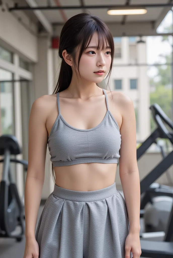 Black pleated miniskirt,A Gray Sports Bra,9year old girl,Petite and delicate body,a shower,An amusement park,A dark-haired,poneyTail,blush