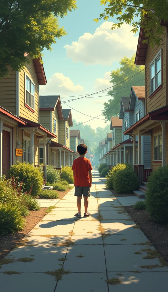 Create a real-looking image of a poor child looking down from the street at a real-looking house 
