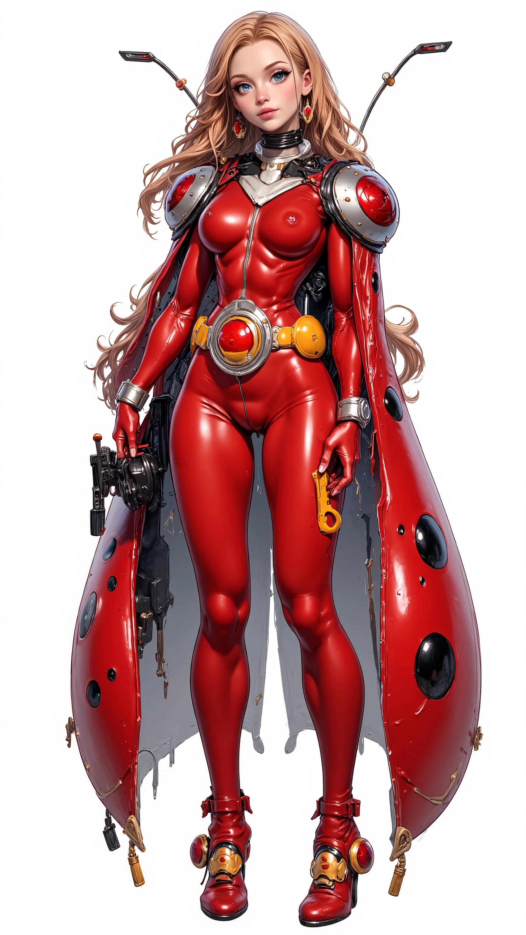 red spiky hair, beautiful woman, wide hips, cleavage, jumpsuit, leotard, heavy boots, soviet propaganda