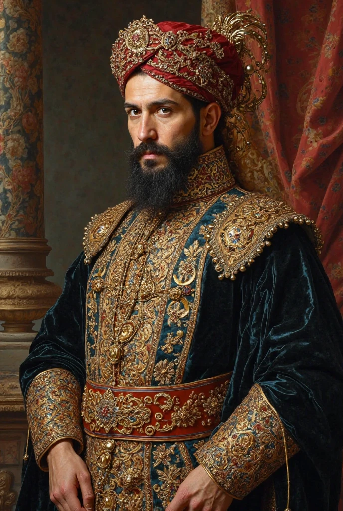 early 1900s photo featuring a portrait of the Timurid Sultan sitting in his throne wearing red detailed clothes, ((solo))