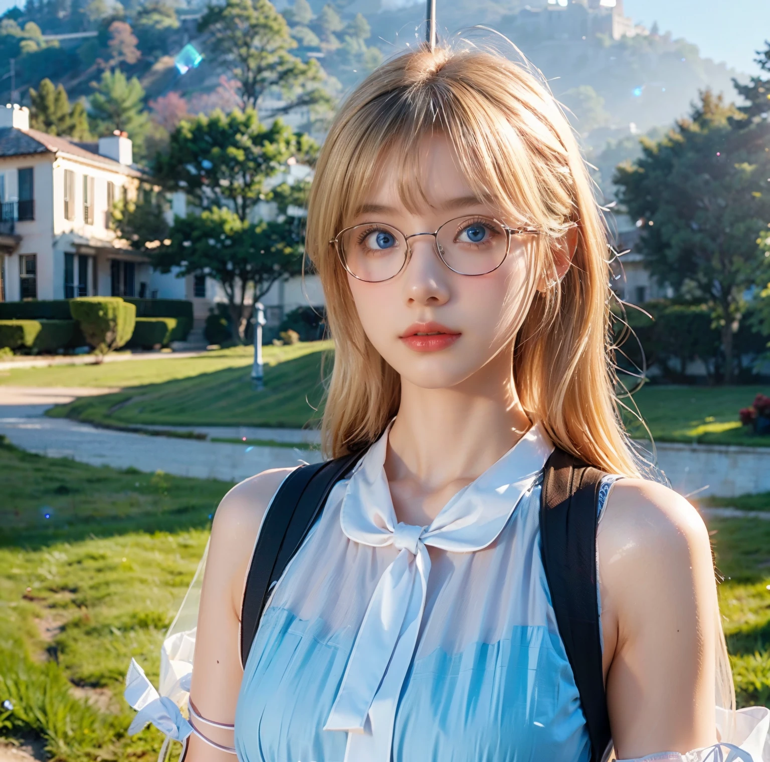 (((masterpiece))), best quality, ultra-detailed, The picture depicts a girl with white hair from a low angle,Delicate facial features are clearly defined,Green bag with glasses back, clear map。The contrast between light and shadow and color is vivid，Creates an atmosphere of mystery。The girl was dressed in a fresh blue dress,Bring beautiful accents to the entire picture, "There is a little white rabbit outside the painting".