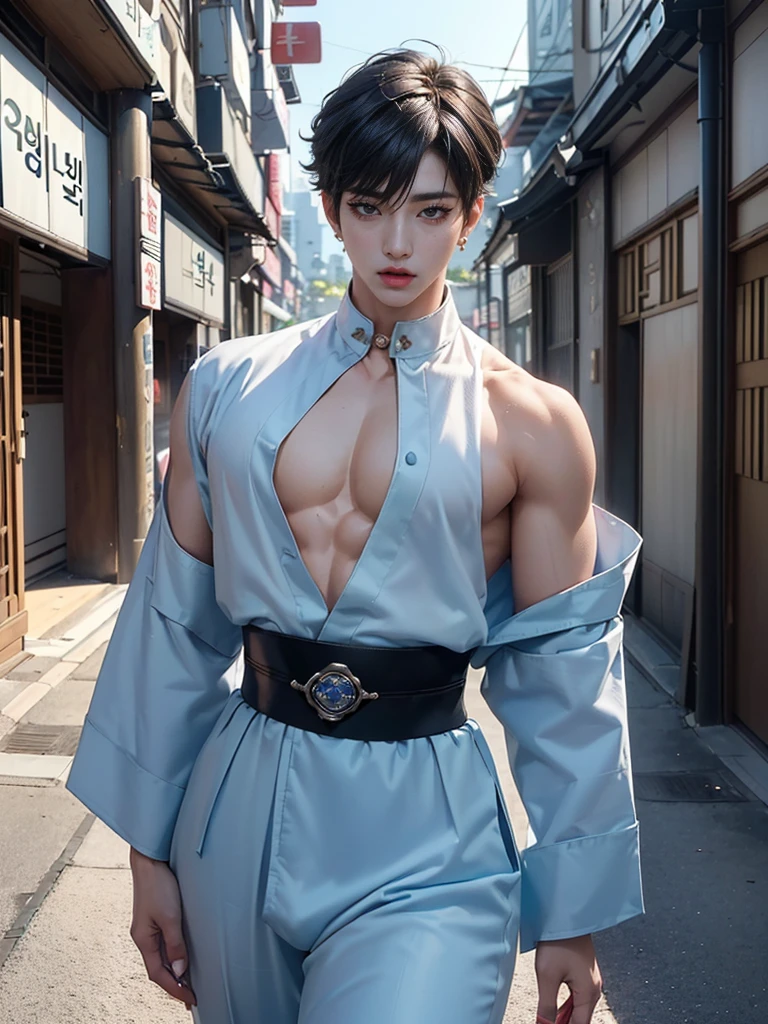 1 male, high resolution 4k, adult, handsome male, perfect face detail, detailed eyes and face, clean shaved, sixpack, white eyebrow hair, white eyelashes, Naked torso, Detailed face, perfect face, dynamic lighting, Real skin texture, ((Perfect hand details)), ((Real and complete hand details)), unreal engine, hd picture, satoru gojo, Jujutsu kaisen, white hair, short hair ,hair between eyes ,blue eyes, white skin, Sexy clothes, singlet