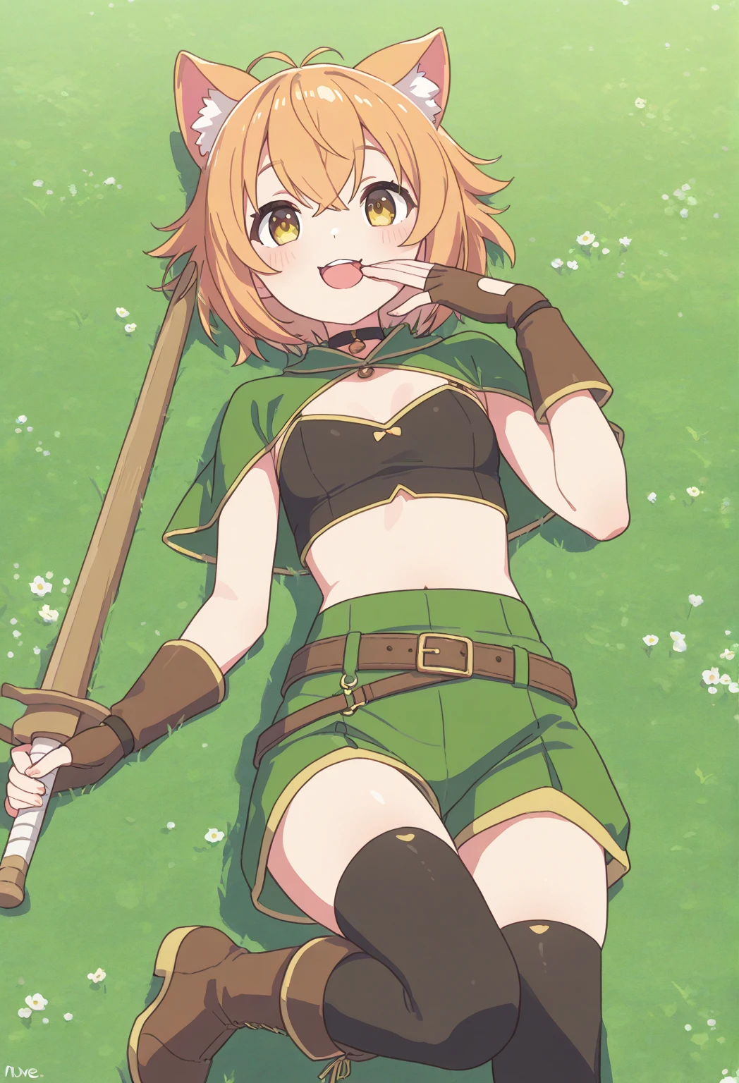 Meliodas in female version with medium breasts, combat clothing, demonic mark on the forehead up to the eye.