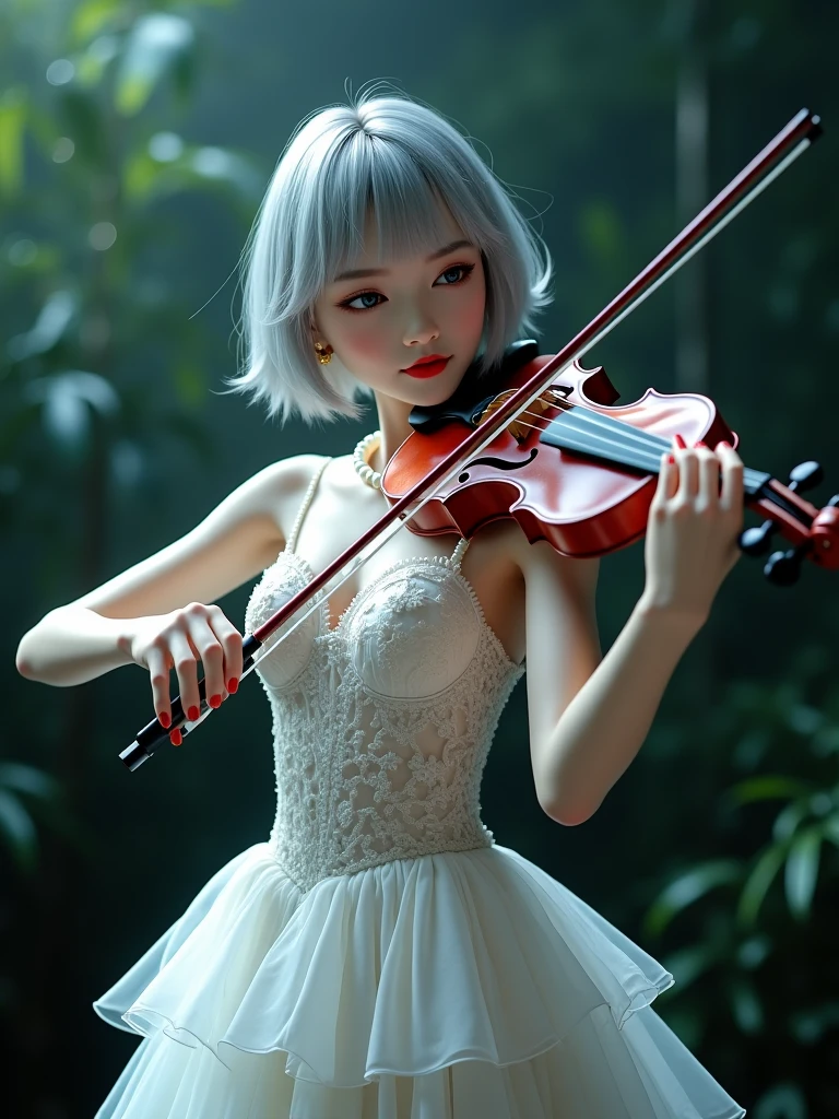 Hot woman playing violin with closed eyes in white anime dress