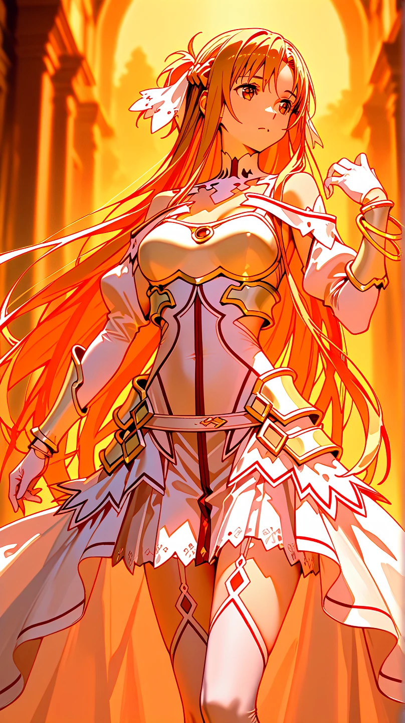 Sun angel woman, yellow eyes, Short yellow and orange hair, soft smile, Long golden crown on head, Big golden sun shape necklace around neck, Long white cape on back.