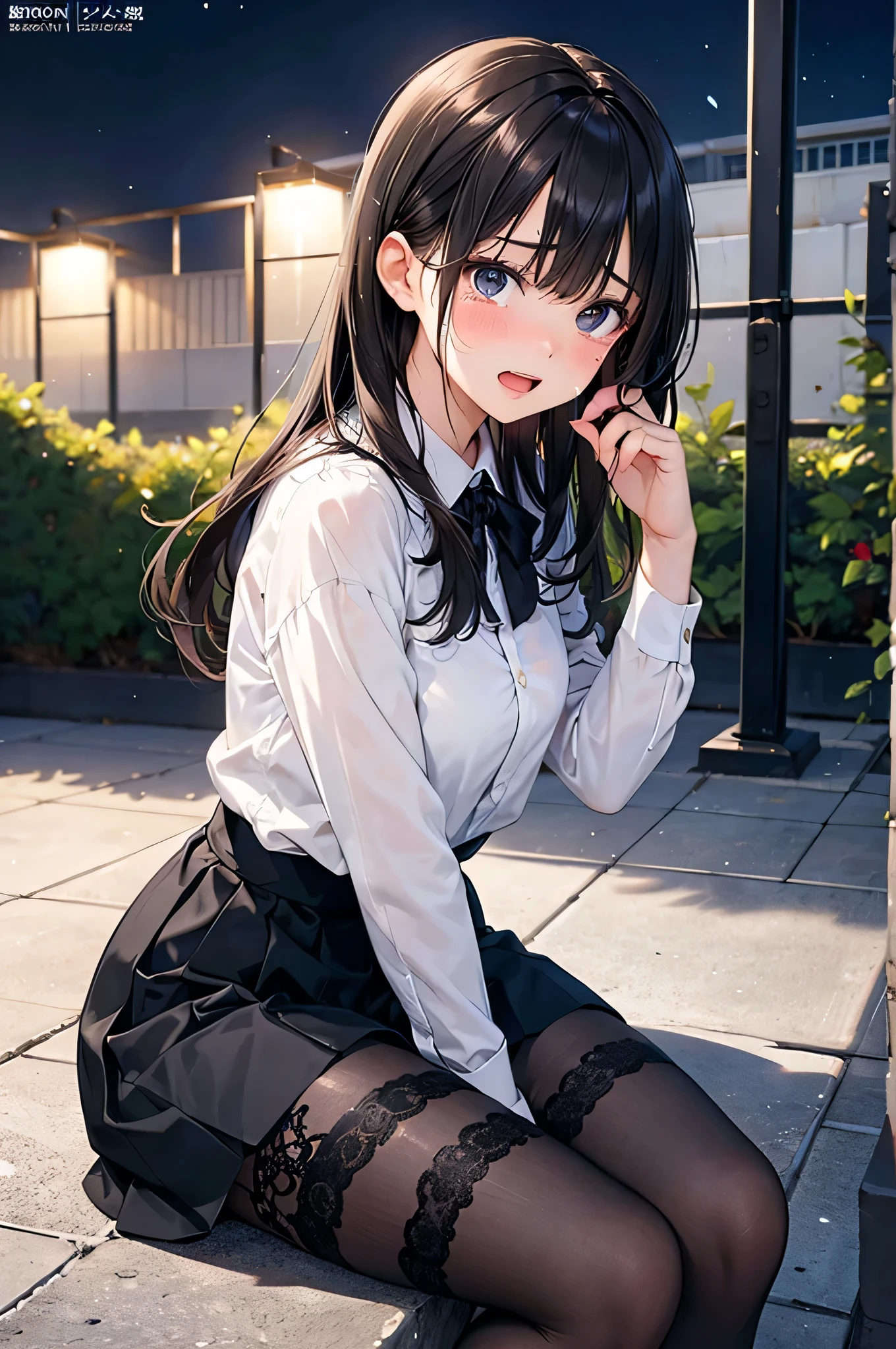 Highest quality, masterpiece, High resolution, (Head to Toe full body), front, frontやや下からの構図, Symmetric, Tall 18 year old girl, alone, (Head to Toe), (Small breasts), Unkempt brown hair, bangs, (black tights), (Black Pantyhose), (Sit with your legs apart), (Crouching pose), (A work depicting white panties), (Her legs were spread、I see your white pants.), (I was made to sit on the floor with my legs spread....), (M-shaped feet), Thin legs, とても美しくTall 18 year old girl, (No shoes), blush, Shy big eyes, Looking into the camera, Blazer Uniform, Checkered Pleated Skirt