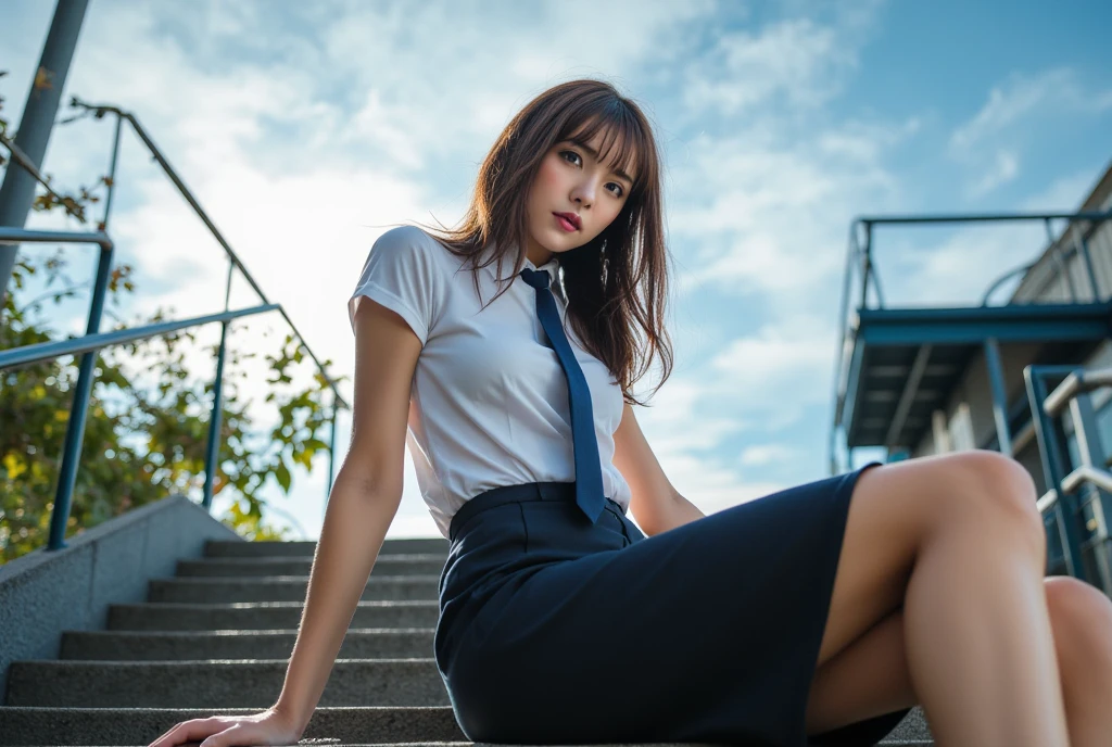 masterpiece, (photogenuineistic: 1.4), highest quality, beautiful lighting, outdoors, single girl, alone, jewelry, earrings, long hair, bangs、break (iridescent eyes, Big seductive eyes、plump lower lip:1.2)、big breasts, Scapula, Lips that shine with glitter,smile,genuine, bangs, golden ratio face、colored stone necklace, (outdoors、Skyscraper City、stage、sunset、Tokyo、Shinjuku:1.4)、(big breasts:1.3),(CG Unity 8k high definition wallpaper), Complex, high detail, sharp focus, dramatic, beautiful girl, RAW photo, 8k UHD, film grain、school uniform、Jacket、white short sleeve shirt、red tie、navy blue flared skirt、(((shiny thighs)))、(emphasize the thighs:1.2)、wall thickness、sitting on the stairs、beautiful feet、(spread your legs:1.4),hand between legs、(from below:1.4)