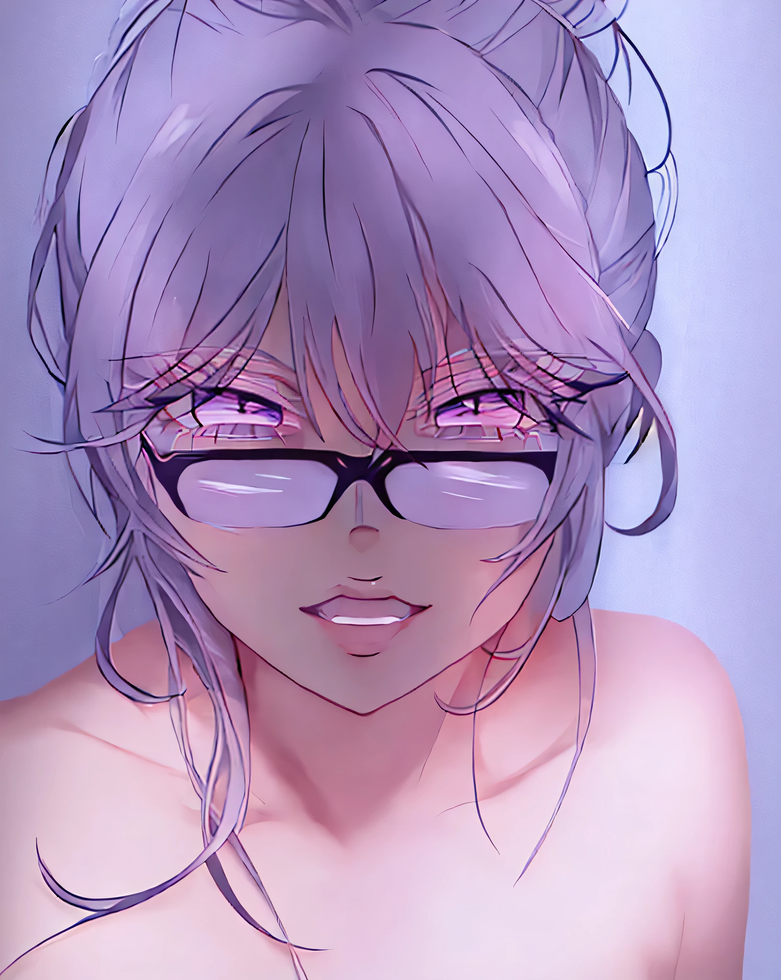 (High resolution:1.4),(( huge )), (((((((nippl))))),((((perfect nipples))),wn nipples))), (((ligle hair))),((messy bun ponytail))), ,(Highest quality:1.4),(masterpiece:1.4),(Beautiful big boobs:1.1), (Beautiful wo.2),(Purple Hair:1.1),(((light purple Hair))),((blue Eyes)), (((long bangs)), ,((glasses red))), Moles around the mouth,((black collar))), (Sweat:1),(Excited:1.2), (Embarrassing:1.2),(Sexual Ecstasy Face:1.2),(BeauFace:1.fect body:1.1)(Beautiful breasts:1.1),(Tank top:1),choker,On the bedtive pose, wariza,Lace panties, I can see a little cleavage, Distinct factures